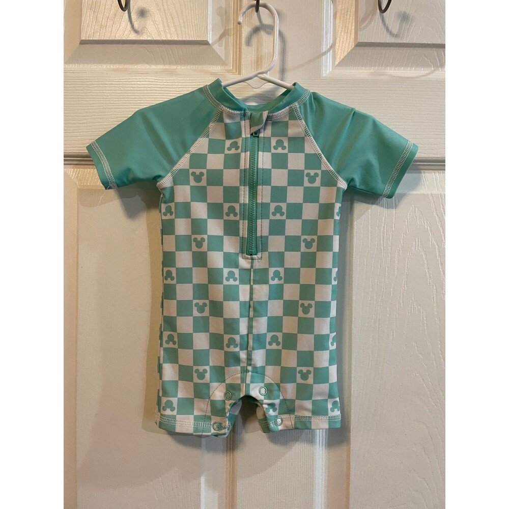 Disney Baby Teal Mickey Checkered Rashguard Swimsuit 6-9M